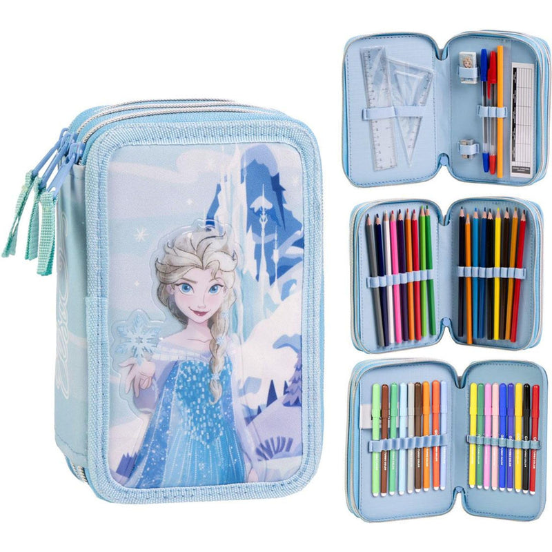 Etui met accessoires Giotto Frozen met viltstiften, balpennen en kleurpotloden, drievoudig etui voor kinderen met Disney-design, Bevroren, 12.5x6.5x19.5 cm, Gelicentieerd product