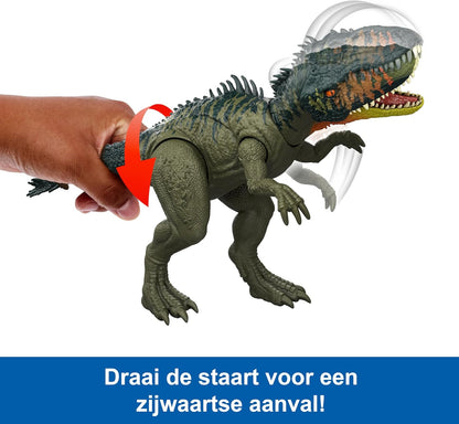 Mattel Jurassic World: El Renacer, Tiranotitán Grandes embestidas, Figura de dinosaurio de juguete, con 2 embestidas activadas con la cola, juego digital, JCL75