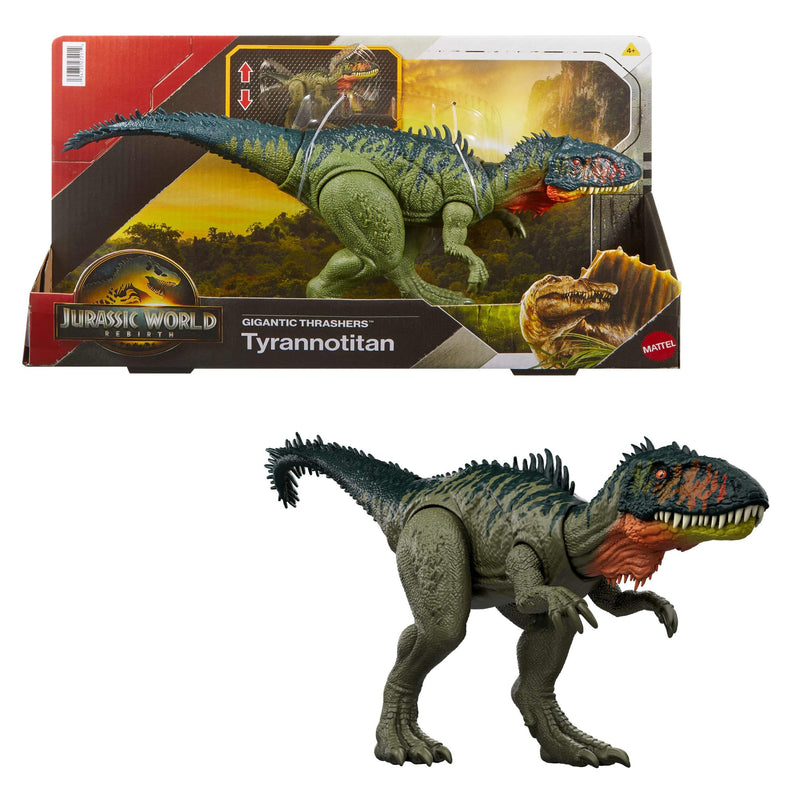 Mattel Jurassic World: El Renacer, Tiranotitán Grandes embestidas, Figura de dinosaurio de juguete, con 2 embestidas activadas con la cola, juego digital, JCL75