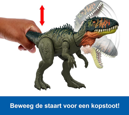 Mattel Jurassic World: El Renacer, Tiranotitán Grandes embestidas, Figura de dinosaurio de juguete, con 2 embestidas activadas con la cola, juego digital, JCL75