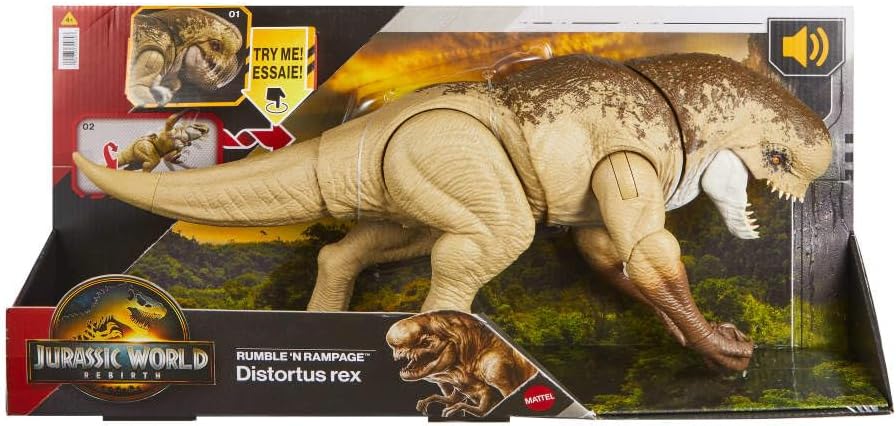 Mattel Jurassic World Rebirth Distortus Rex Rumble N Rampage Dinosaur Action Figure 22 Inch with 2 Attack Actions, Content-Accurate, Digital Play