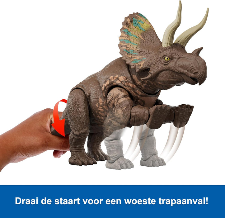 Mattel Jurassic World: Renaissance, Méga Prédateurs Eotriceratops Figurine de dinosaure issu d’une espèce géante, 2 coups dévastateurs activés grâce à sa queue, jeu virtuel, JGB93