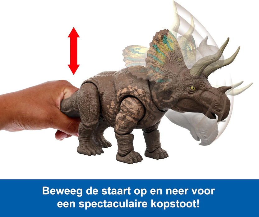 Mattel Jurassic World: Renaissance, Méga Prédateurs Eotriceratops Figurine de dinosaure issu d’une espèce géante, 2 coups dévastateurs activés grâce à sa queue, jeu virtuel, JGB93