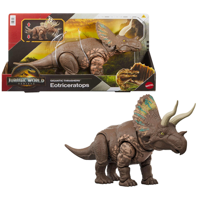 Mattel Jurassic World: Renaissance, Méga Prédateurs Eotriceratops Figurine de dinosaure issu d’une espèce géante, 2 coups dévastateurs activés grâce à sa queue, jeu virtuel, JGB93