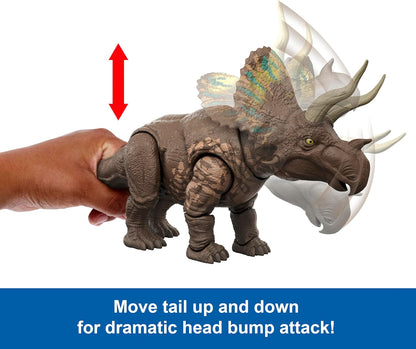Mattel Jurassic World: Renaissance, Méga Prédateurs Eotriceratops Figurine de dinosaure issu d’une espèce géante, 2 coups dévastateurs activés grâce à sa queue, jeu virtuel, JGB93