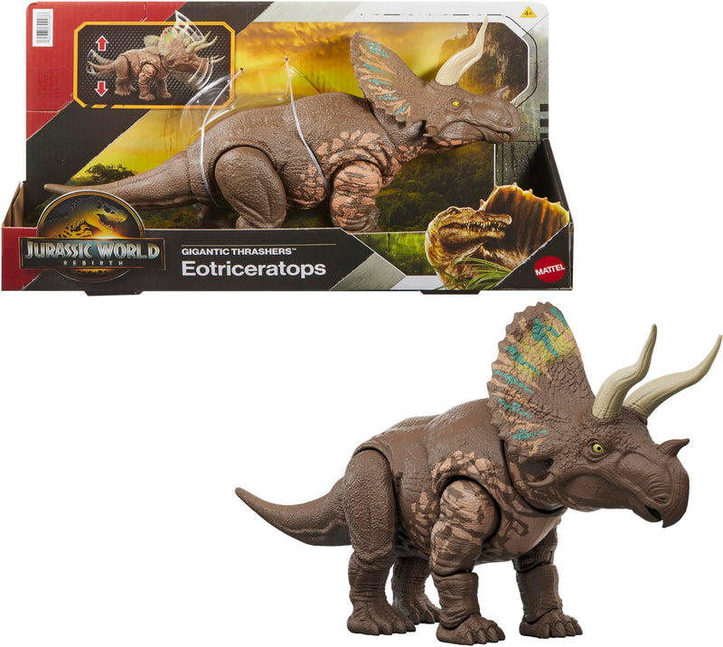 Mattel Jurassic World: Renaissance, Méga Prédateurs Eotriceratops Figurine de dinosaure issu d’une espèce géante, 2 coups dévastateurs activés grâce à sa queue, jeu virtuel, JGB93