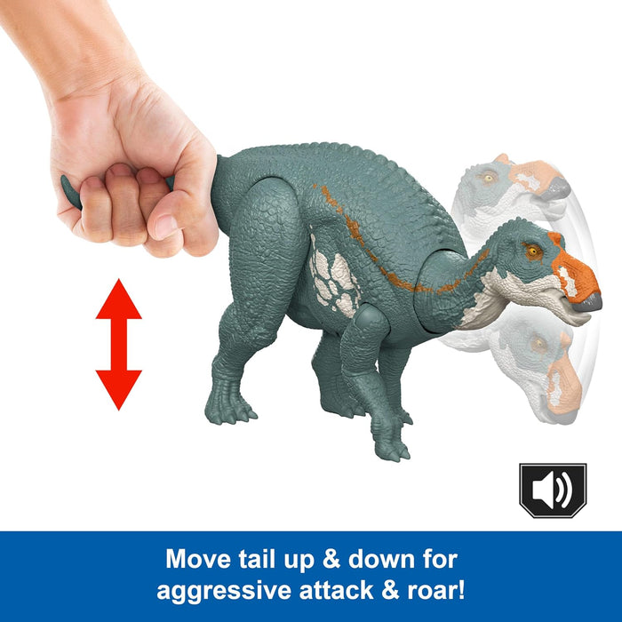 Mattel Jurassic World Rebirth Wild Roar Maiasaura Dinosaur Toy with Tail-Controlled Chomp Multi-Direction Attack & Sound, Posable & Digital Play, JGC82