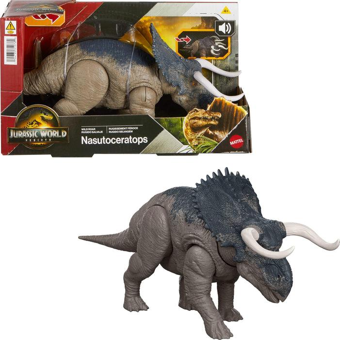 Mattel Jurassic World Rebirth Wild Roar Nasutoceratops Dinosaur Toy with Tail-Controlled Chomp Multi-Direction Attack & Sound, Posable & Digital Play, JGC81, Earthy/Neutral