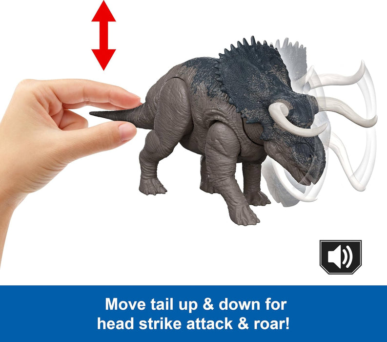 Mattel Jurassic World Rebirth Wild Roar Nasutoceratops Dinosaur Toy with Tail-Controlled Chomp Multi-Direction Attack & Sound, Posable & Digital Play, JGC81, Earthy/Neutral