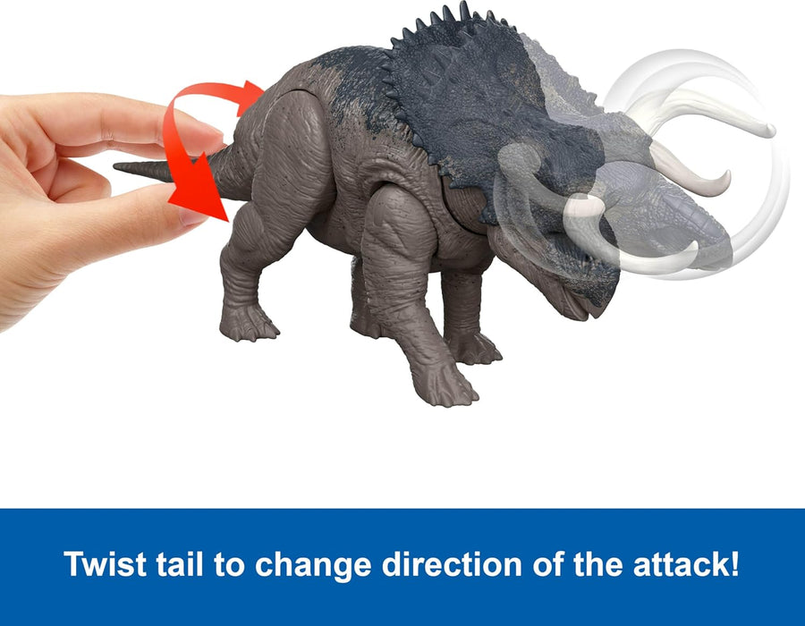 Mattel Jurassic World Rebirth Wild Roar Nasutoceratops Dinosaur Toy with Tail-Controlled Chomp Multi-Direction Attack & Sound, Posable & Digital Play, JGC81, Earthy/Neutral