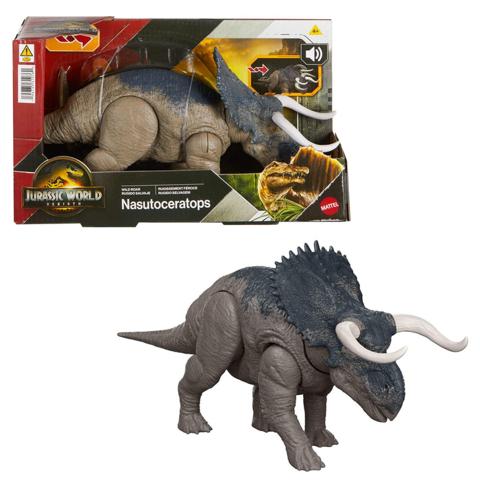 Mattel Jurassic World Rebirth Wild Roar Nasutoceratops Dinosaur Toy with Tail-Controlled Chomp Multi-Direction Attack & Sound, Posable & Digital Play, JGC81, Earthy/Neutral