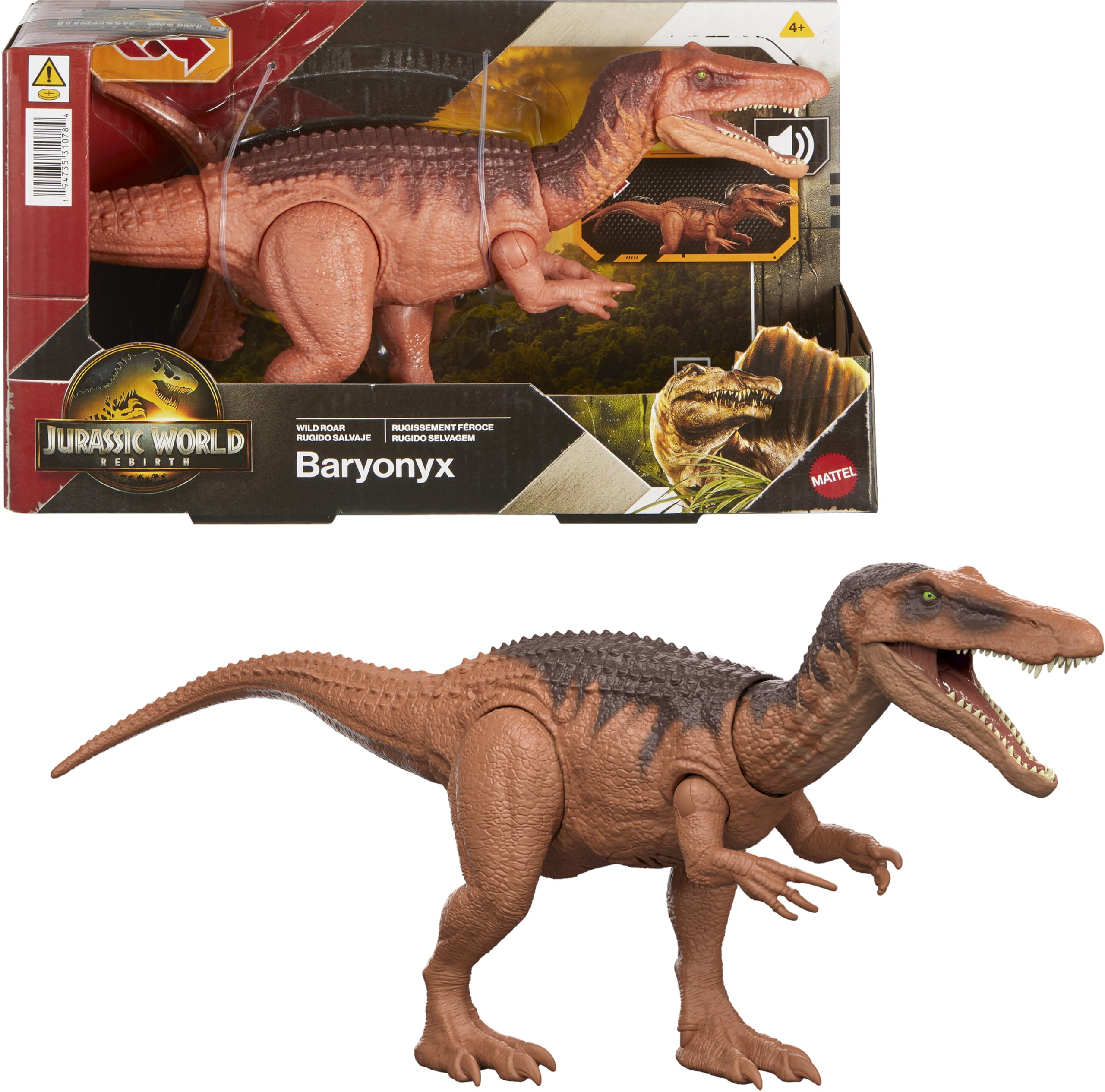 Mattel Jurassic World: El Renacer, Baryonyx Rugido salvaje, Dinosaurio con ataque de mordisco en múltiples direcciones y sonido controlado con la cola, diseño articulado y juego digital, JGC79