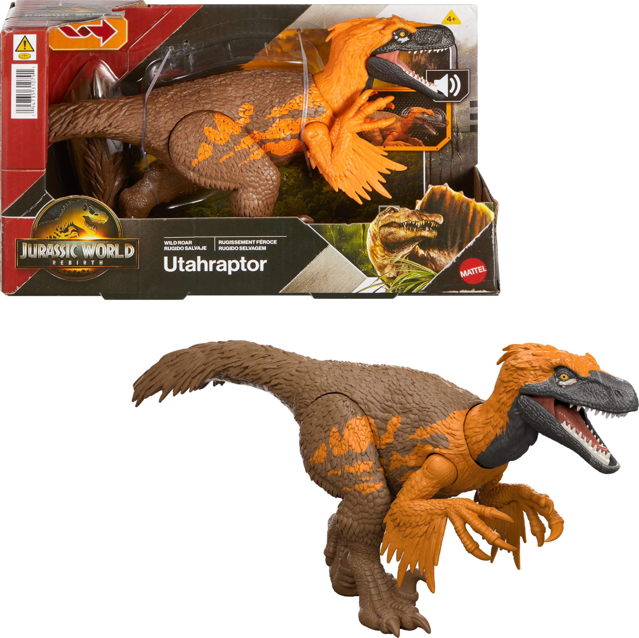 Mattel Jurassic World: El Renacer, Utahrraptor Rugido salvaje, Dinosaurio con ataque de mordisco en múltiples direcciones y sonido controlado con la cola, diseño articulado y juego digital, JGC80