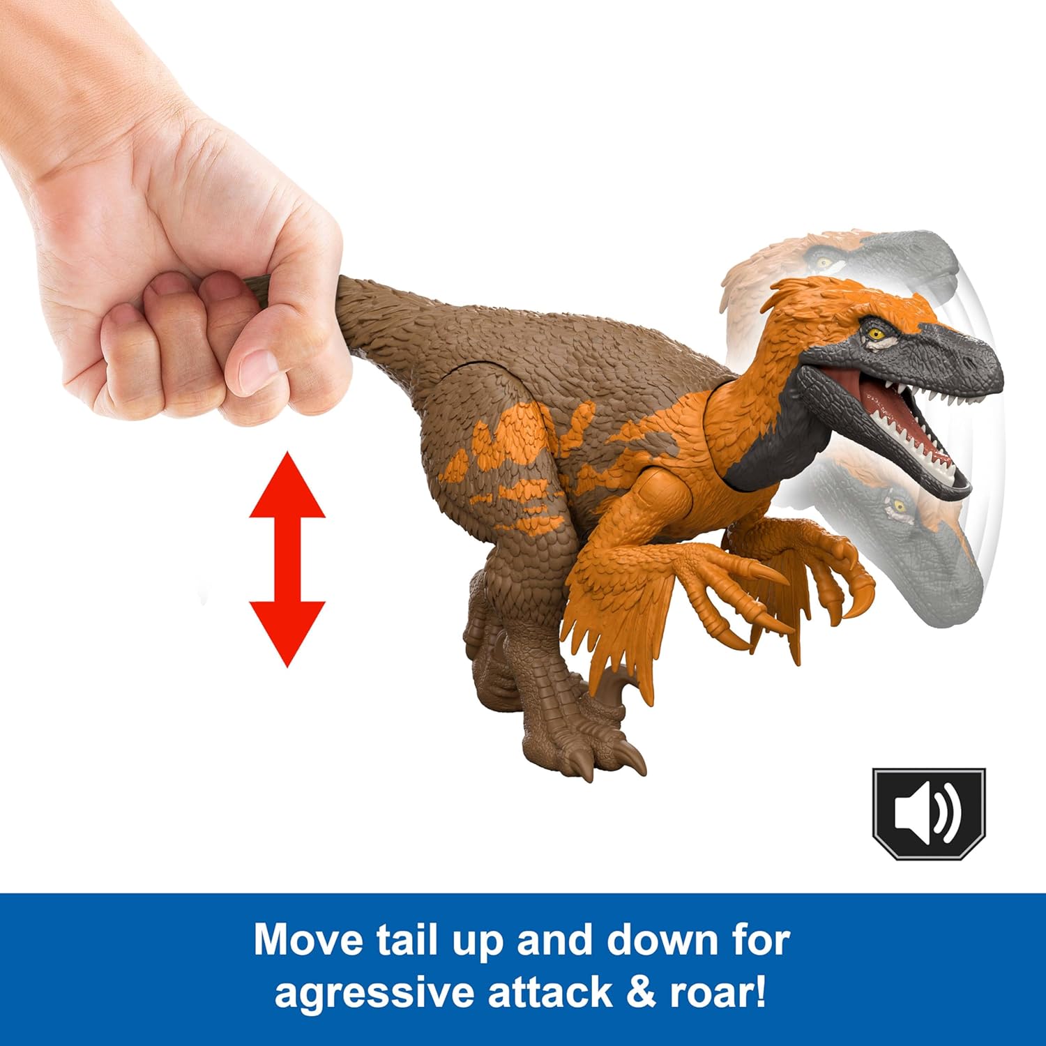 Mattel Jurassic World: El Renacer, Utahrraptor Rugido salvaje, Dinosaurio con ataque de mordisco en múltiples direcciones y sonido controlado con la cola, diseño articulado y juego digital, JGC80