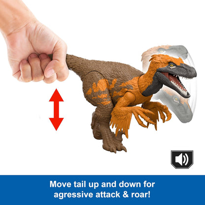 Mattel Jurassic World: El Renacer, Utahrraptor Rugido salvaje, Dinosaurio con ataque de mordisco en múltiples direcciones y sonido controlado con la cola, diseño articulado y juego digital, JGC80