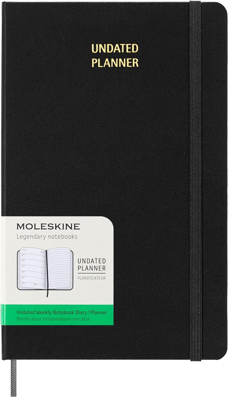 Moleskine Undated Weekly Planner, Weekly Planner with Space for Notes 12 Months, Hard Cover and Elastic Closure, Black Color, Large Format 13 x 21 cm