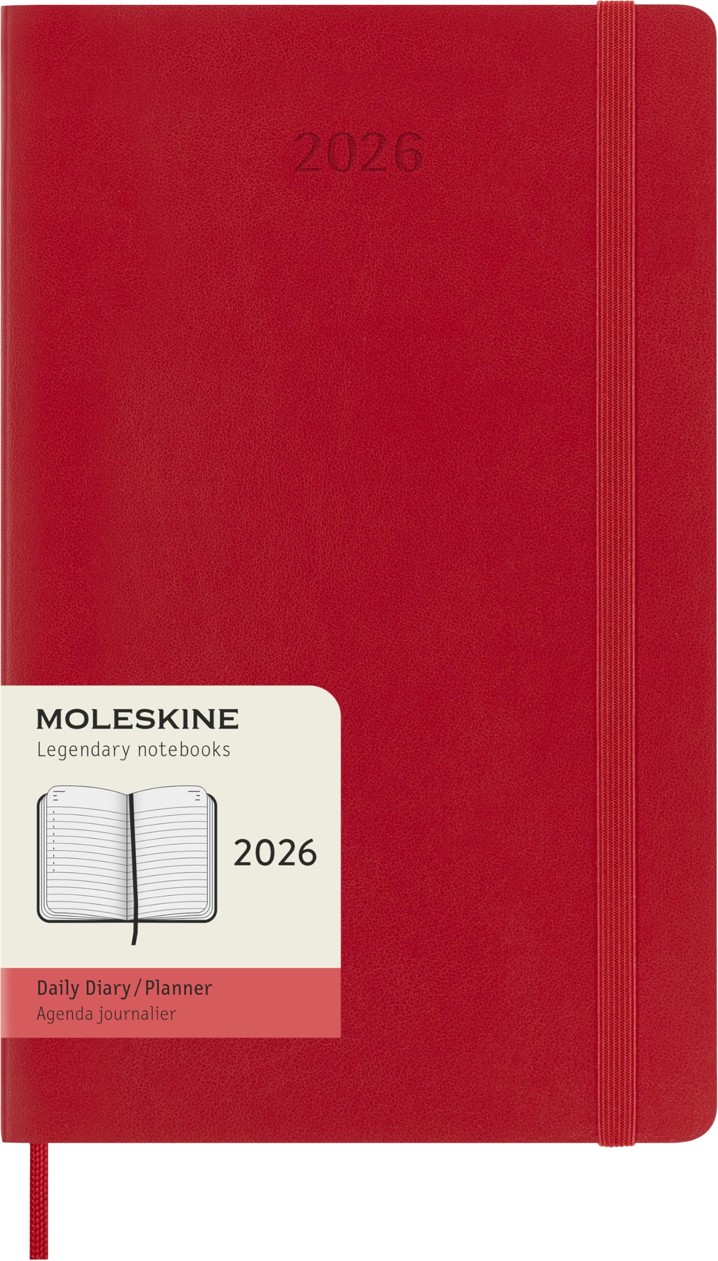Moleskine Daily Planner, Daily Agenda 2026 12 Months, With Soft Cover and Elastic Closure, Large Format 13x21, Color Red