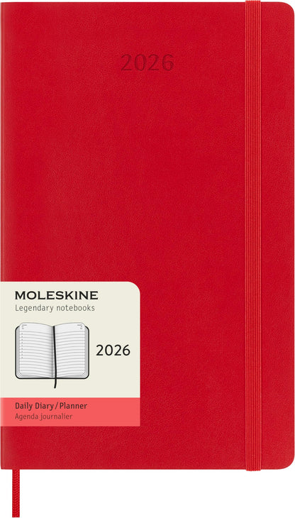 Moleskine Daily Planner, Daily Agenda 2026 12 Months, With Soft Cover and Elastic Closure, Large Format 13x21, Color Red