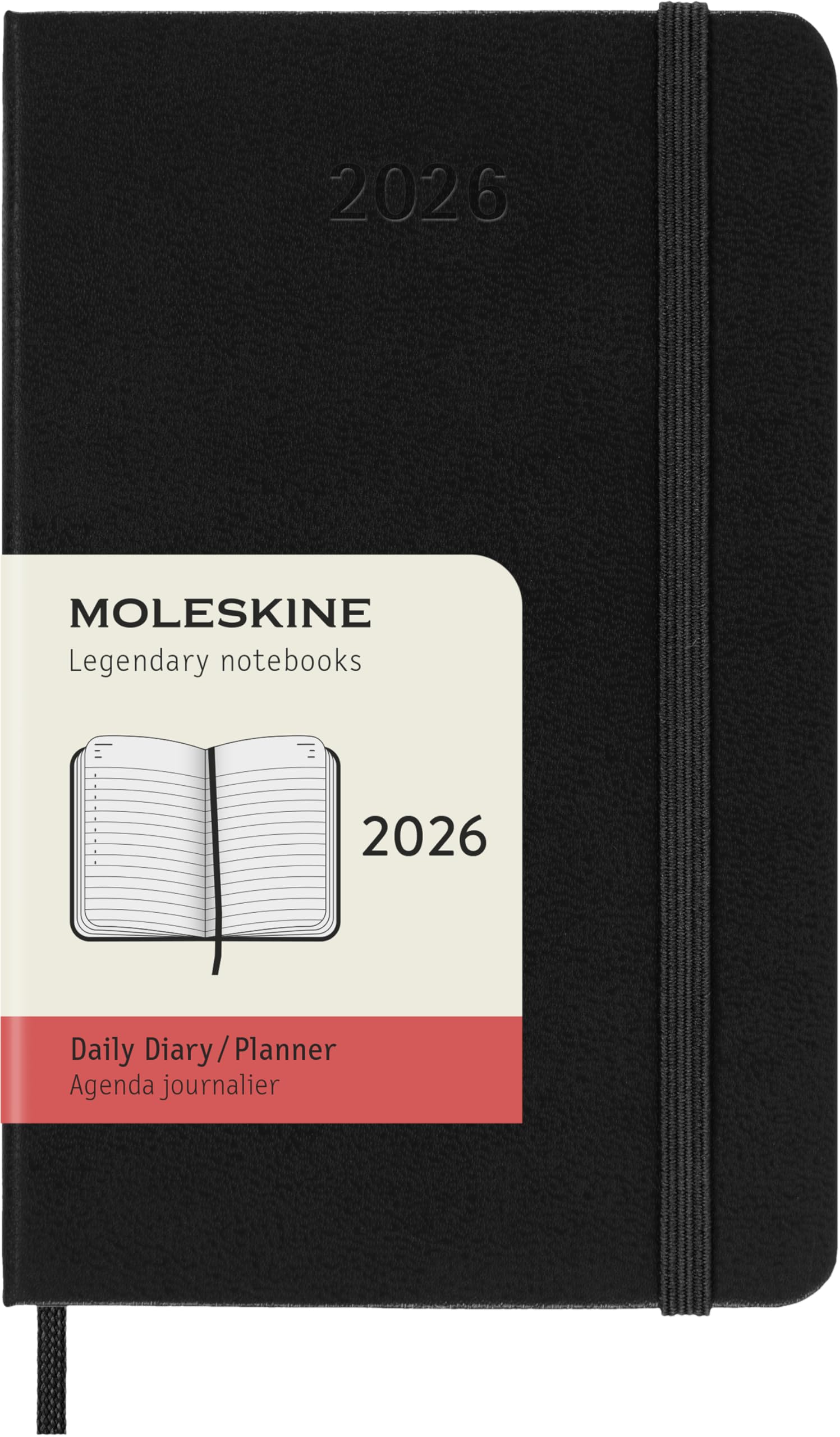 Moleskine Daily Planner, Daily Agenda 2026 12 Months, With Hard Cover and Elastic Closure, Pocket Size 9x14, Black Color
