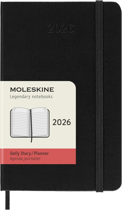 Moleskine Daily Planner, Daily Agenda 2026 12 Months, With Hard Cover and Elastic Closure, Pocket Size 9x14, Black Color