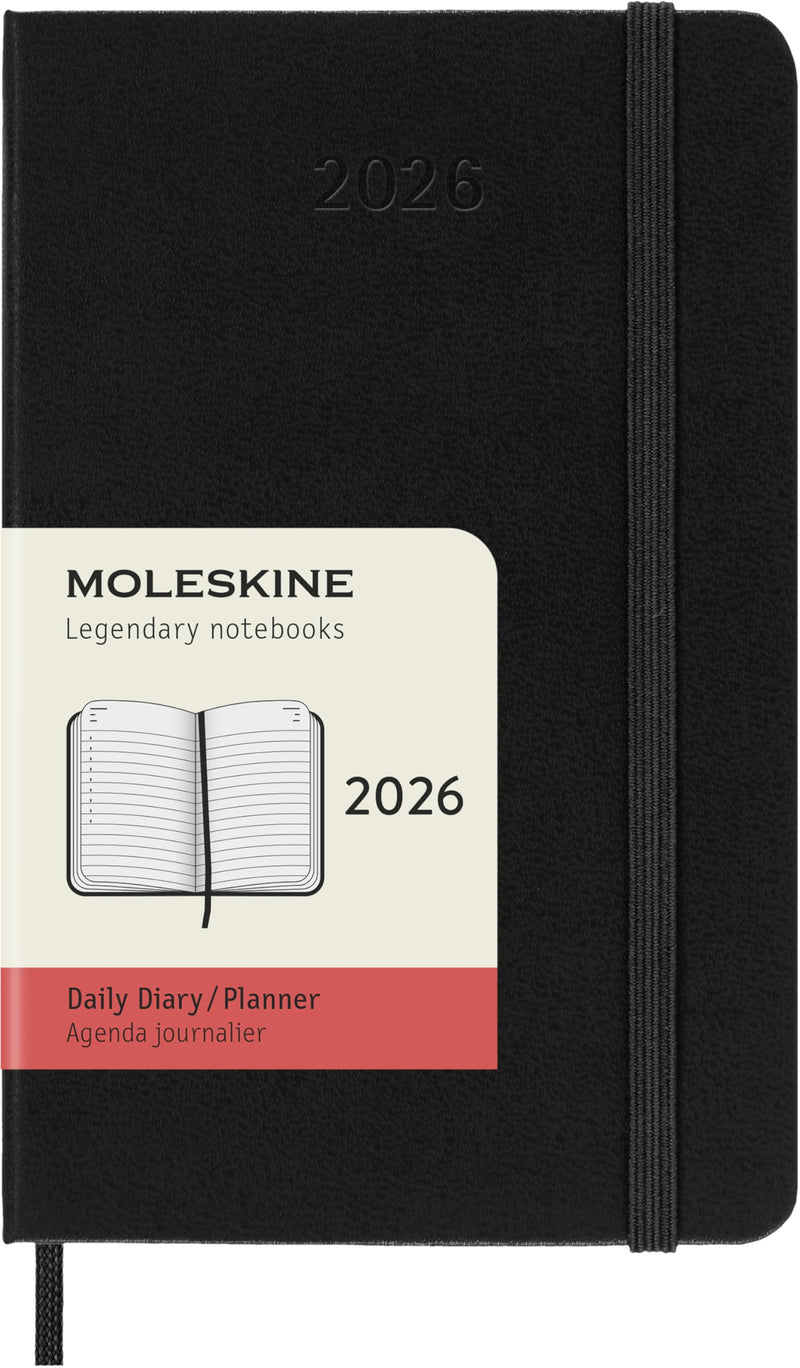Moleskine Daily Planner, Daily Agenda 2026 12 Months, With Hard Cover and Elastic Closure, Pocket Size 9x14, Black Color
