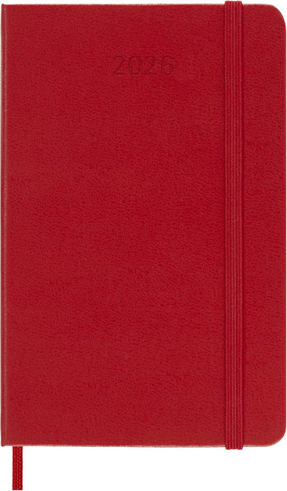 Moleskine Daily Planner, Daily Agenda 2026 12 Months, With Hard Cover and Elastic Closure, Pocket Size 9x14, Red Color