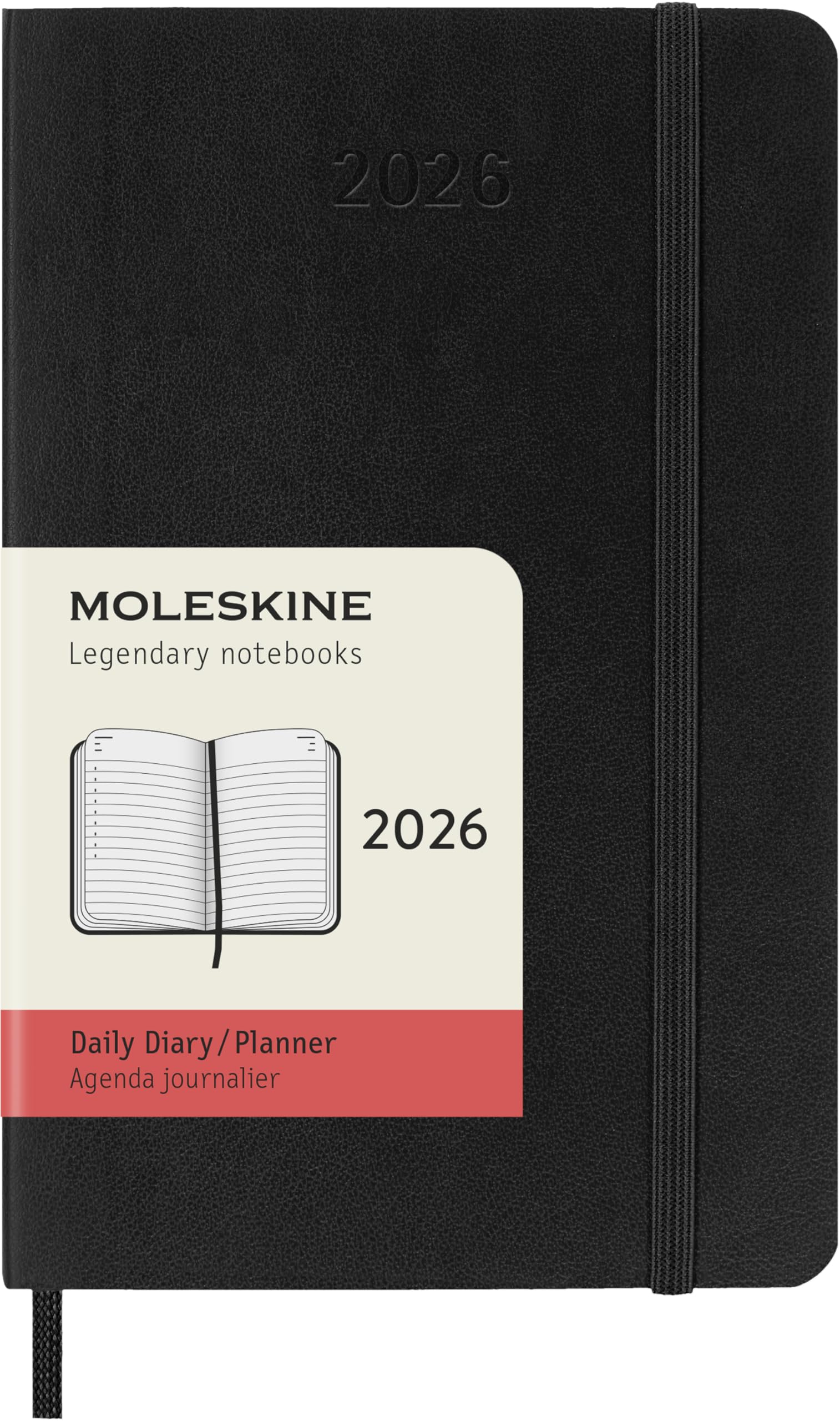 Moleskine Daily Planner, Daily Agenda 2026 12 Months, With Soft Cover and Elastic Closure, Pocket Size 9x14, Black Color