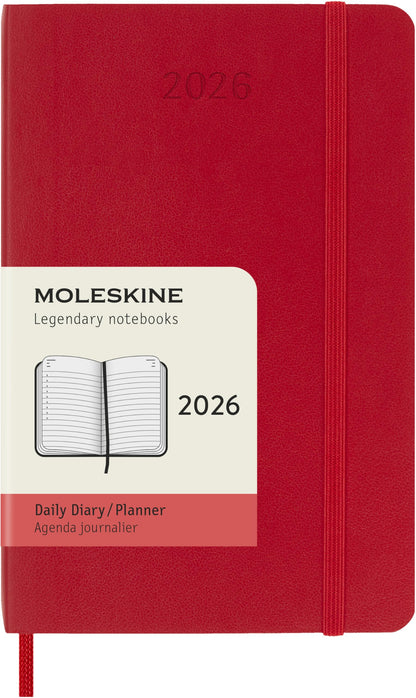 Moleskine Daily Planner, Daily Agenda 2026 12 Months, With Soft Cover and Elastic Closure, Pocket Size 9x14, Red Color