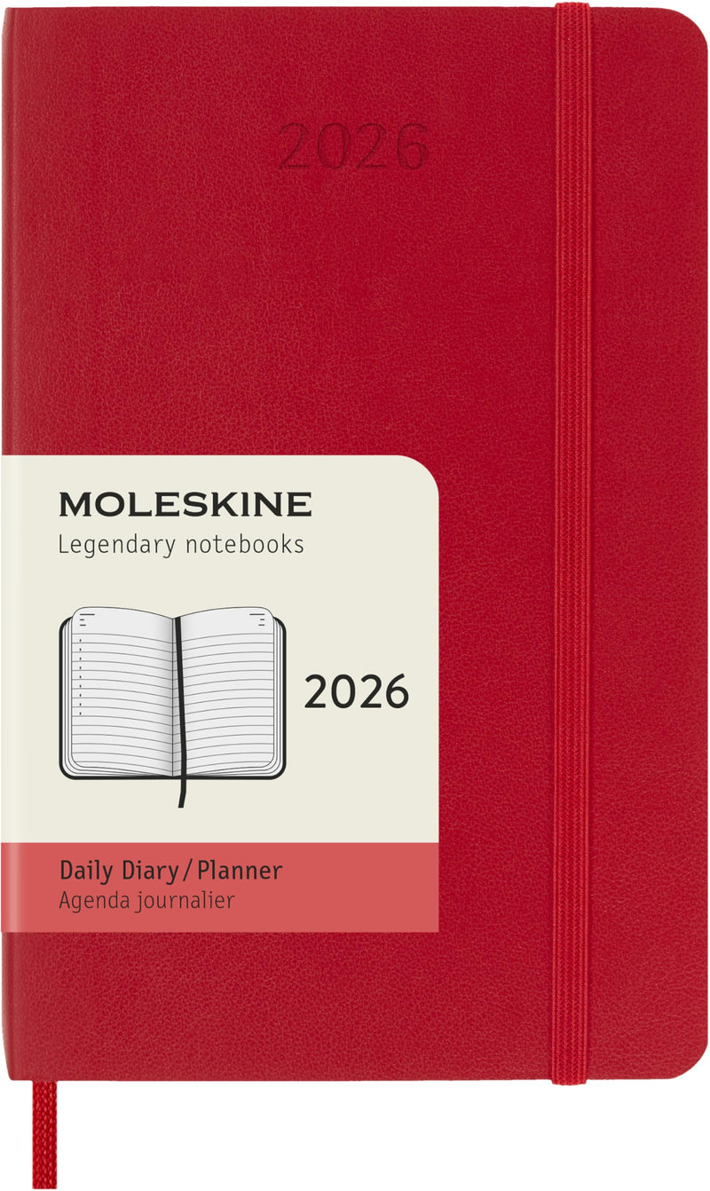 Moleskine Daily Planner, Daily Agenda 2026 12 Months, With Soft Cover and Elastic Closure, Pocket Size 9x14, Red Color