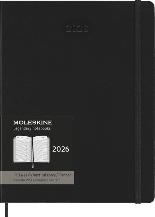 Moleskine Weekly Planner, Vertical Pro Weekly Agenda 12 Months 2025, Hard Cover and Elastic Closure, Black Color, Extra Large Size 19x25 cm