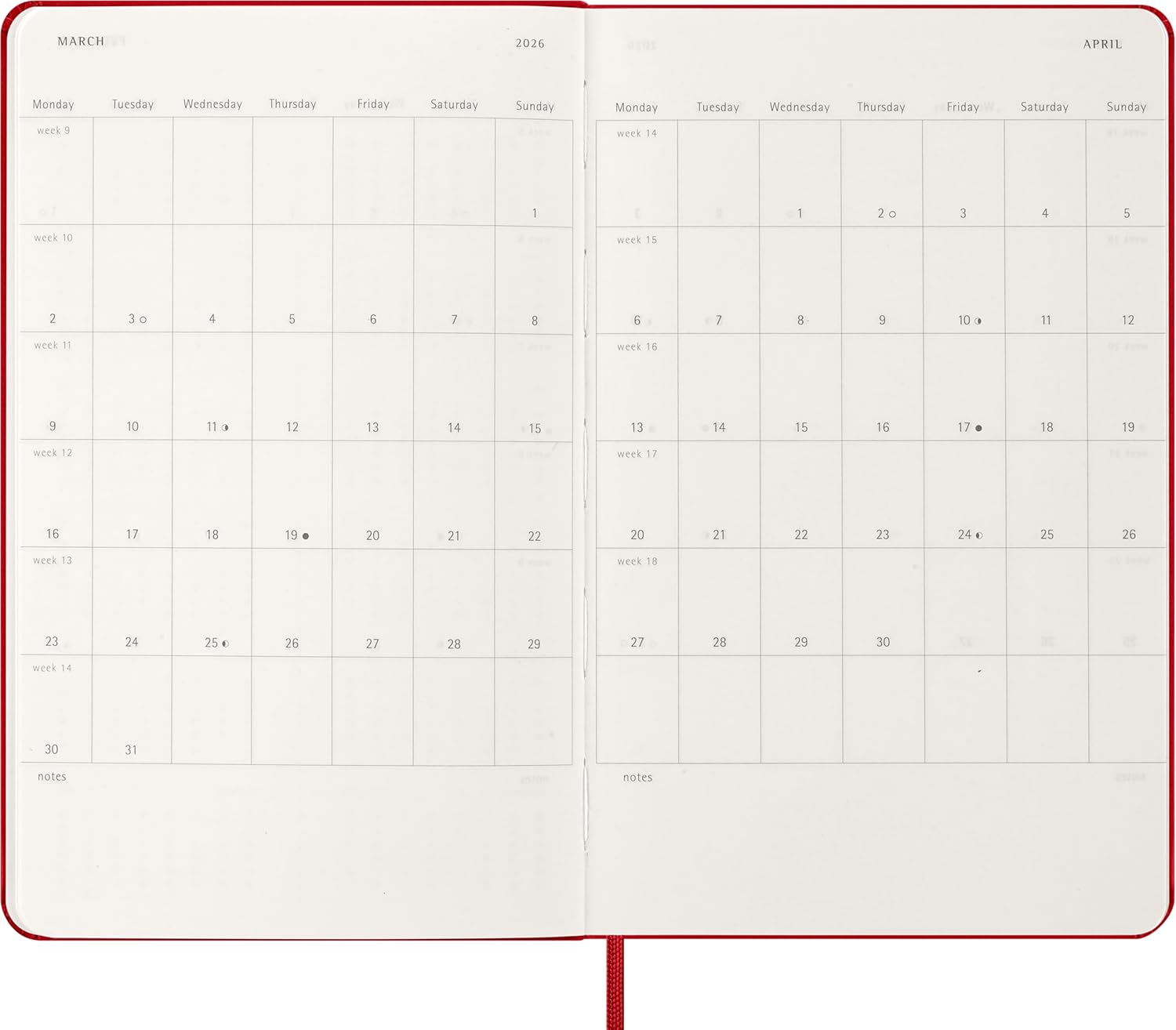 Moleskine Planificador Semanal, Agenda Semanal 2026 12 Meses Con Espacio Para Notas, Con Tapa Dura y Cierre Elástico, Formato Grande 13x21, Color Rojo