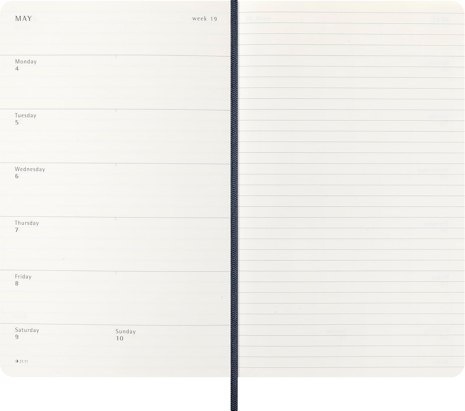 Moleskine Wochenplaner, Wochenagenda 2026 12 Monate mit Platz für Notizen, mit weichem Einband und Gummibandverschluss, Großformat 13x21, Farbe Blau