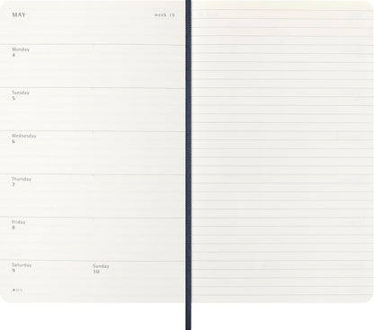 Moleskine Wochenplaner, Wochenagenda 2026 12 Monate mit Platz für Notizen, mit weichem Einband und Gummibandverschluss, Großformat 13x21, Farbe Blau