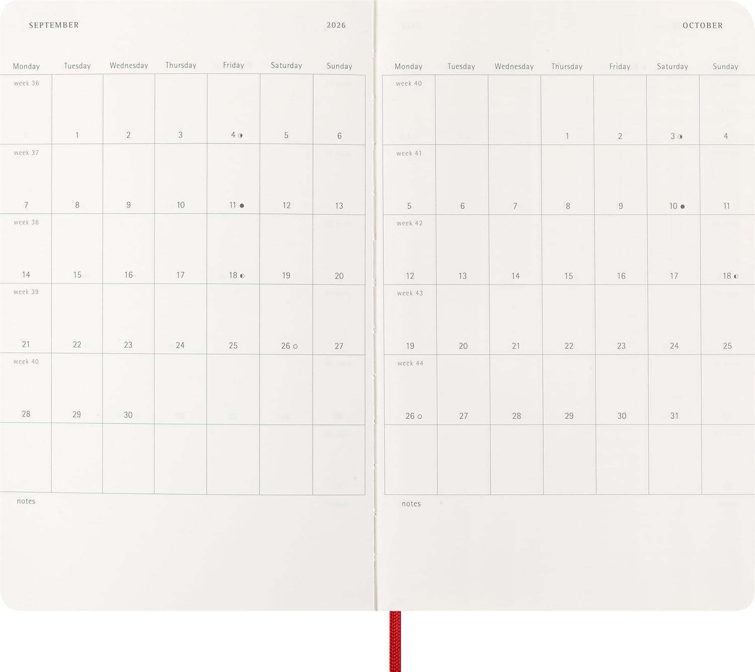 Moleskine Wochenplaner, Wochenagenda 2026 12 Monate Mit Platz Für Notizen, Mit Weichem Einband und Elastischem Verschluss, Großformat 13x21, Farbe Rot