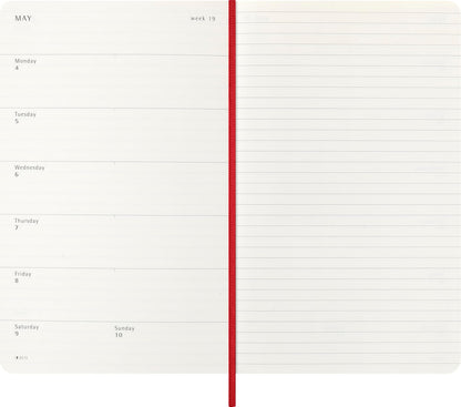 Moleskine Wochenplaner, Wochenagenda 2026 12 Monate Mit Platz Für Notizen, Mit Weichem Einband und Elastischem Verschluss, Großformat 13x21, Farbe Rot