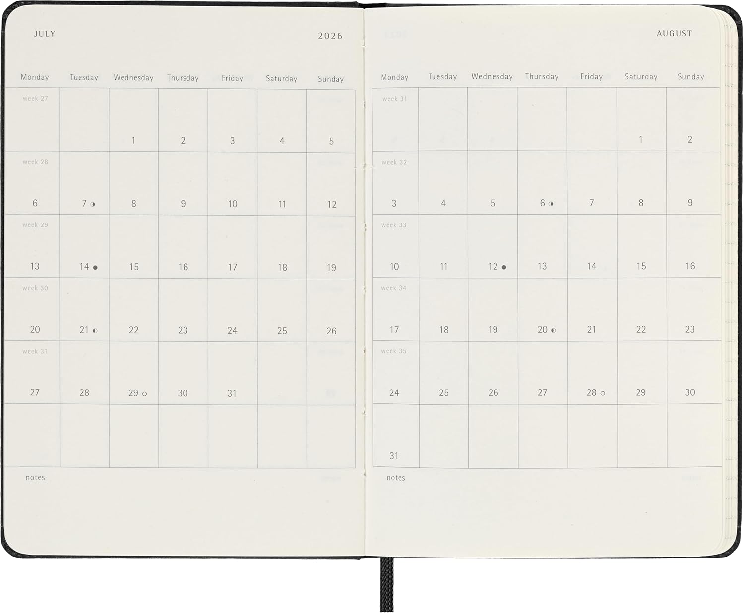 Moleskine Agenda Semanal, Agenda Semanal 2026 12 Meses Con Espacio Para Notas, Con Tapa Dura y Cierre Elástico, Formato de Bolsillo 9x14, Color Negro
