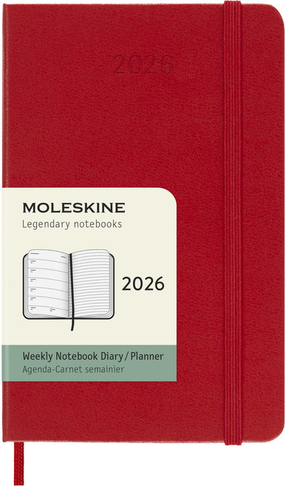 Moleskine Agenda Semanal, Agenda Semanal 2026 12 Meses Con Espacio Para Notas, Con Tapa Dura y Cierre Elástico, Formato Pocket 9x14, Color Rojo