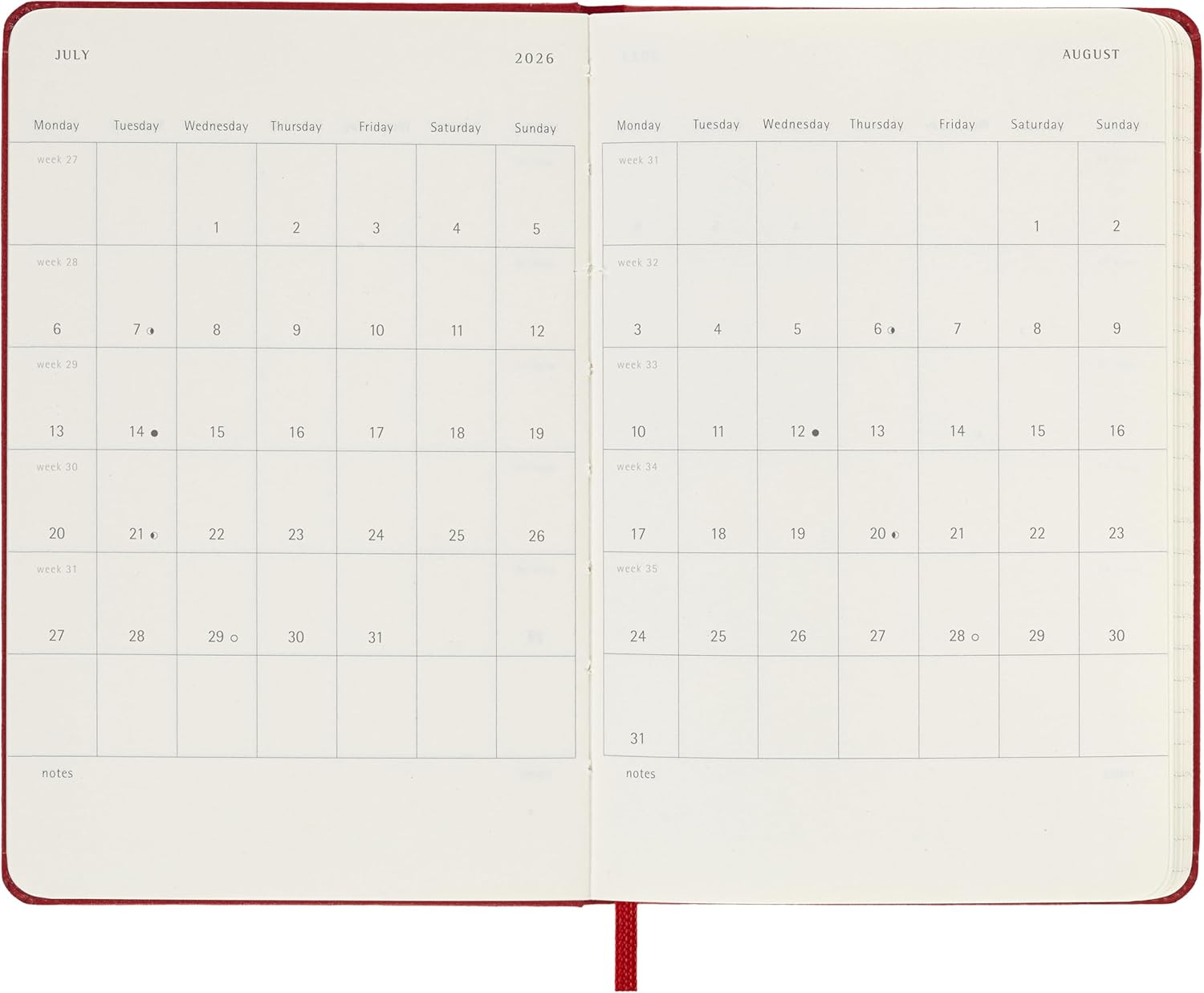 Moleskine Agenda Semanal, Agenda Semanal 2026 12 Meses Con Espacio Para Notas, Con Tapa Dura y Cierre Elástico, Formato Pocket 9x14, Color Rojo
