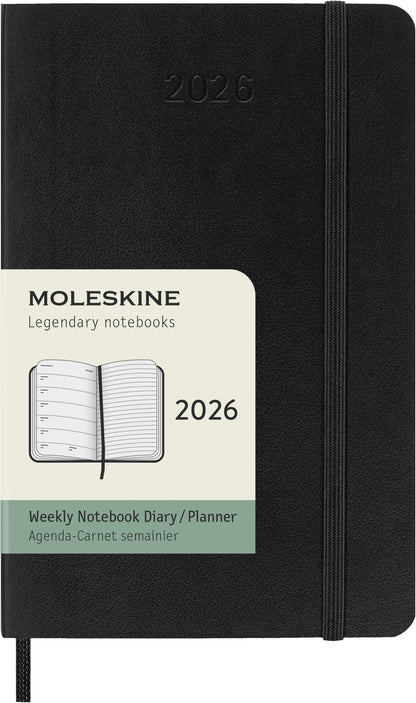 Moleskine Weekly Planner, 2026 Weekly Agenda 12 Months With Space For Notes, With Soft Cover and Elastic Closure, Pocket Size 9x14, Black Color