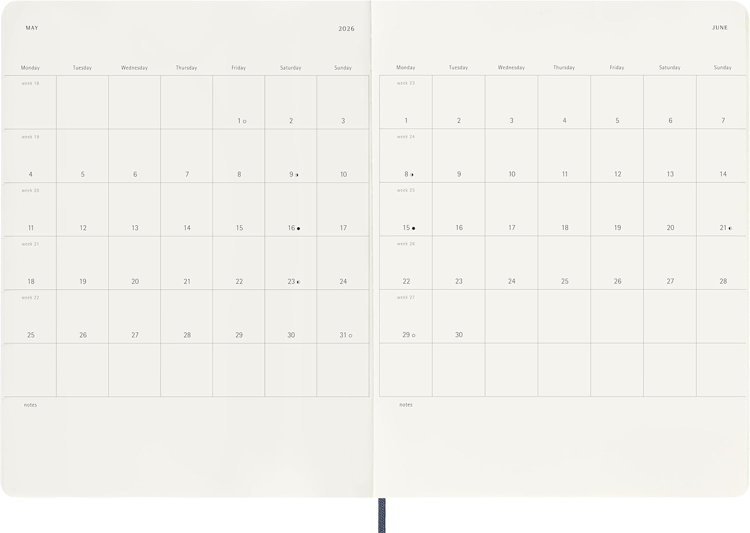 Moleskine Weekly Planner, 2026 Weekly Agenda 12 Months With Space For Notes, With Soft Cover and Elastic Closure, Colour Blue, XL Format 19 x 25 cm