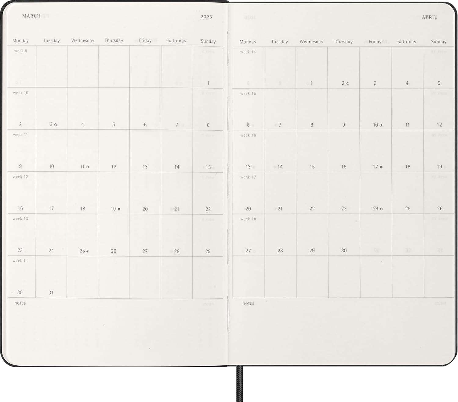 Moleskine Weekly Planner, Horizontal Weekly Agenda 2026 12 Months, With Hard Cover and Elastic Closure, Large Format 13x21, Black Color