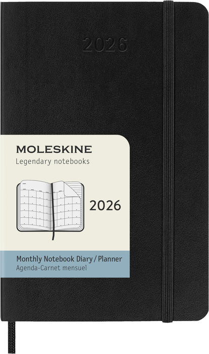 Moleskine Planificador Mensual, Agenda Mensual 2026 12 Meses, Con Cubierta Suave y Cierre Elástico, Formato de Bolsillo 9x14, Color Negro