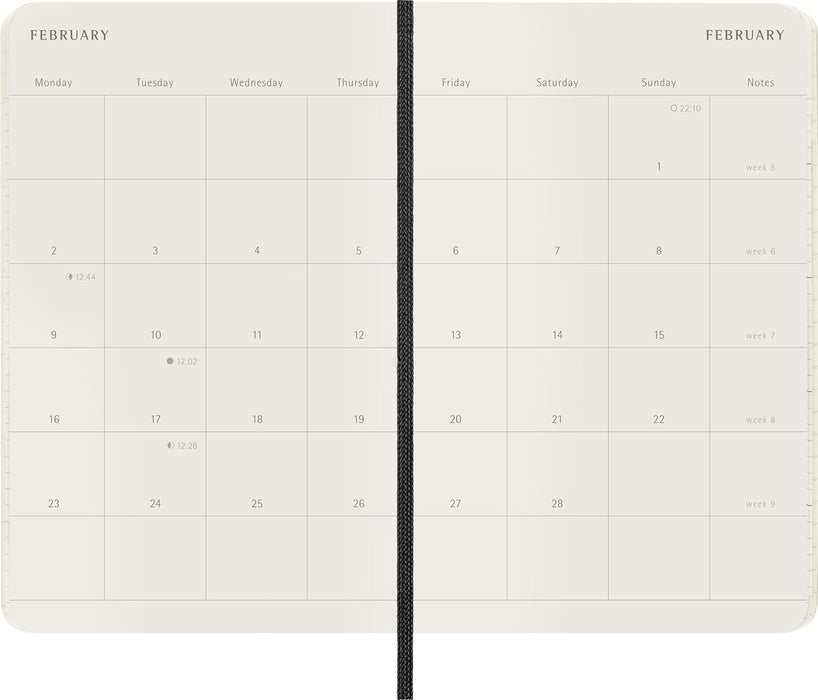 Moleskine Planificador Mensual, Agenda Mensual 2026 12 Meses, Con Cubierta Suave y Cierre Elástico, Formato de Bolsillo 9x14, Color Negro