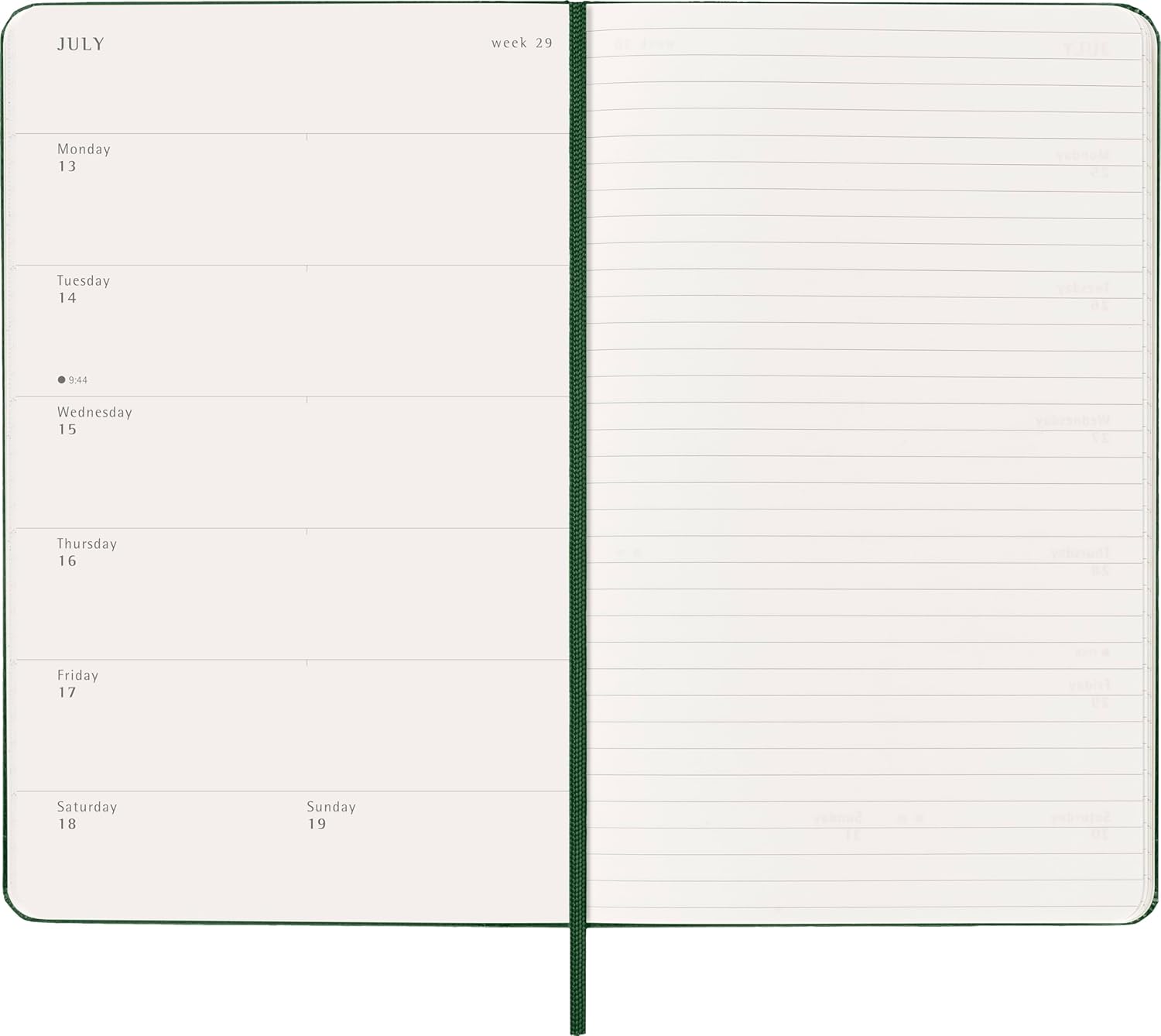 Moleskine Wochenplaner, Wochenagenda 2026 12 Monate mit Platz für Notizen, mit festem Einband und Gummibandverschluss, Großformat 13x21, Farbe Grün