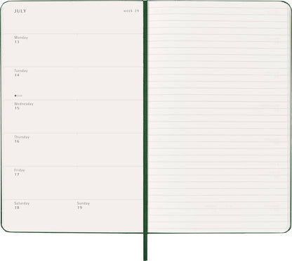 Moleskine Wochenplaner, Wochenagenda 2026 12 Monate mit Platz für Notizen, mit festem Einband und Gummibandverschluss, Großformat 13x21, Farbe Grün