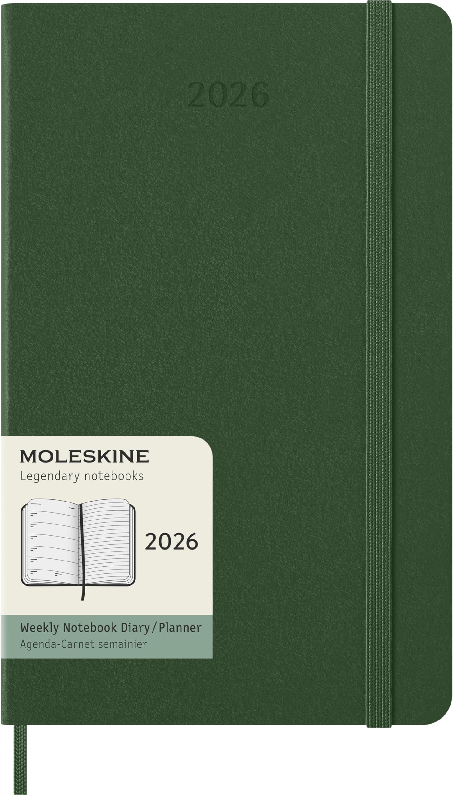 Moleskine Wochenplaner, Wochenagenda 2026 12 Monate mit Platz für Notizen, mit festem Einband und Gummibandverschluss, Großformat 13x21, Farbe Grün