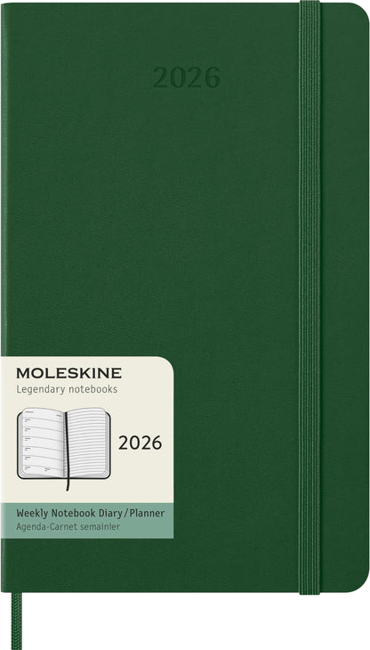 Moleskine Wochenplaner, Wochenagenda 2026 12 Monate mit Platz für Notizen, mit festem Einband und Gummibandverschluss, Großformat 13x21, Farbe Grün
