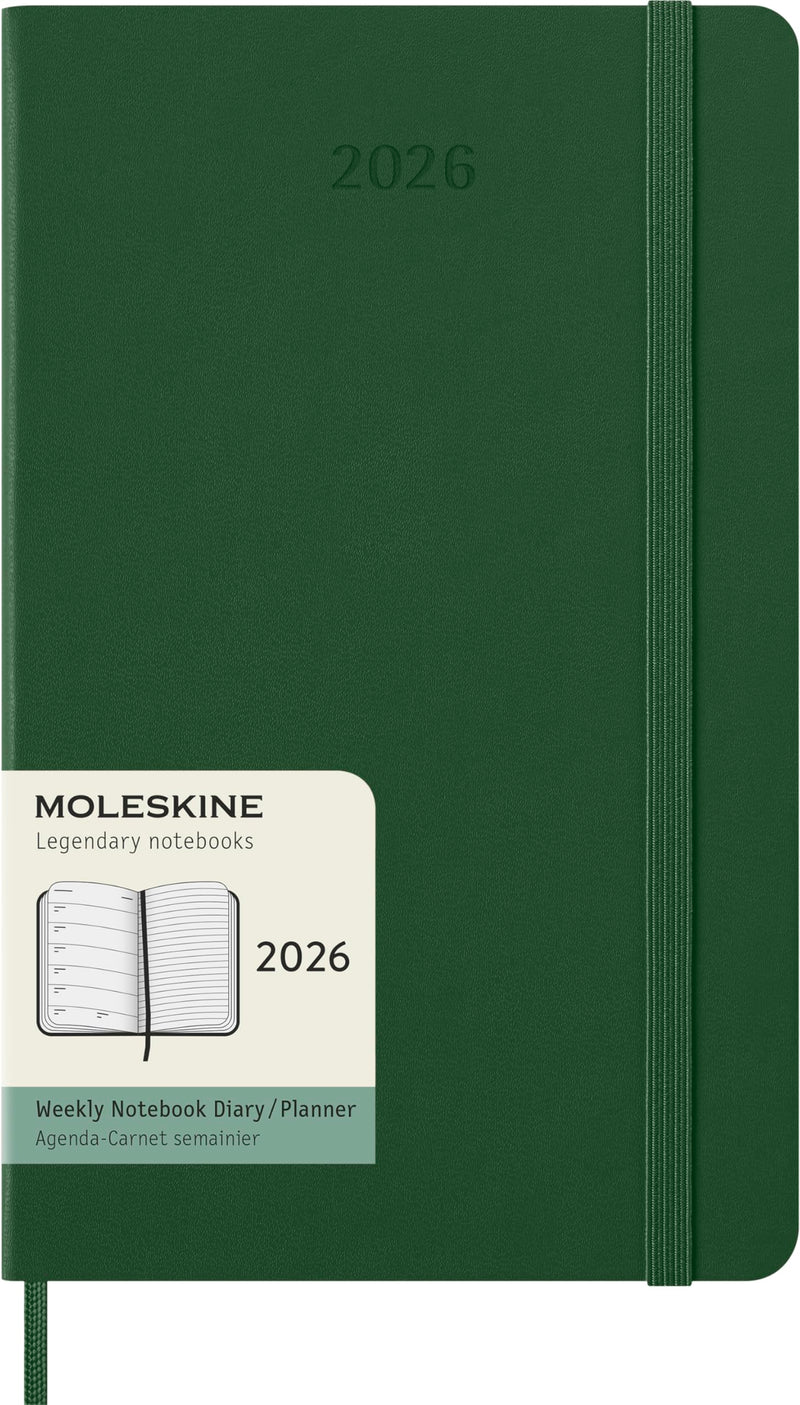 Moleskine Wochenplaner, Wochenagenda 2026 12 Monate mit Platz für Notizen, mit festem Einband und Gummibandverschluss, Großformat 13x21, Farbe Grün