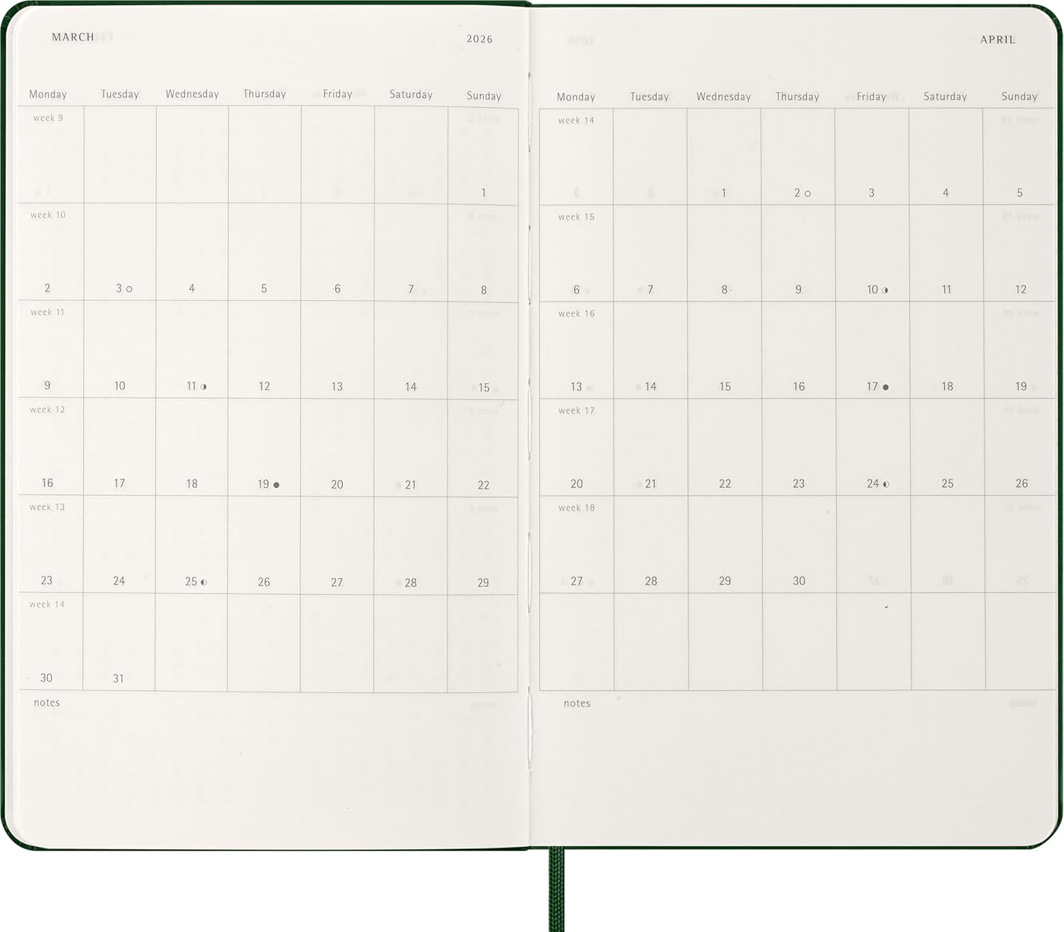 Moleskine Wochenplaner, Wochenagenda 2026 12 Monate mit Platz für Notizen, mit festem Einband und Gummibandverschluss, Großformat 13x21, Farbe Grün