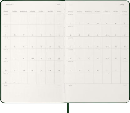Moleskine Wochenplaner, Wochenagenda 2026 12 Monate mit Platz für Notizen, mit festem Einband und Gummibandverschluss, Großformat 13x21, Farbe Grün